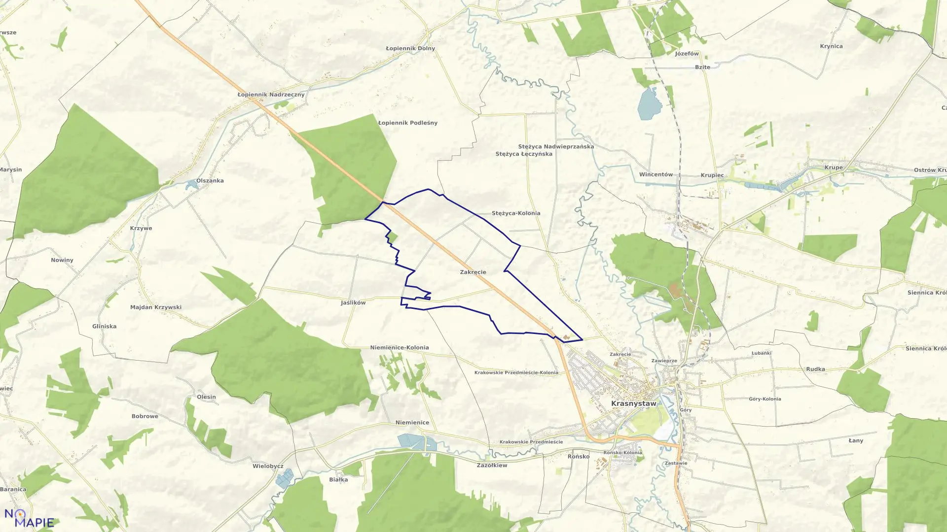 Mapa obrębu Zakręcie Kolonia w gminie Krasnystaw